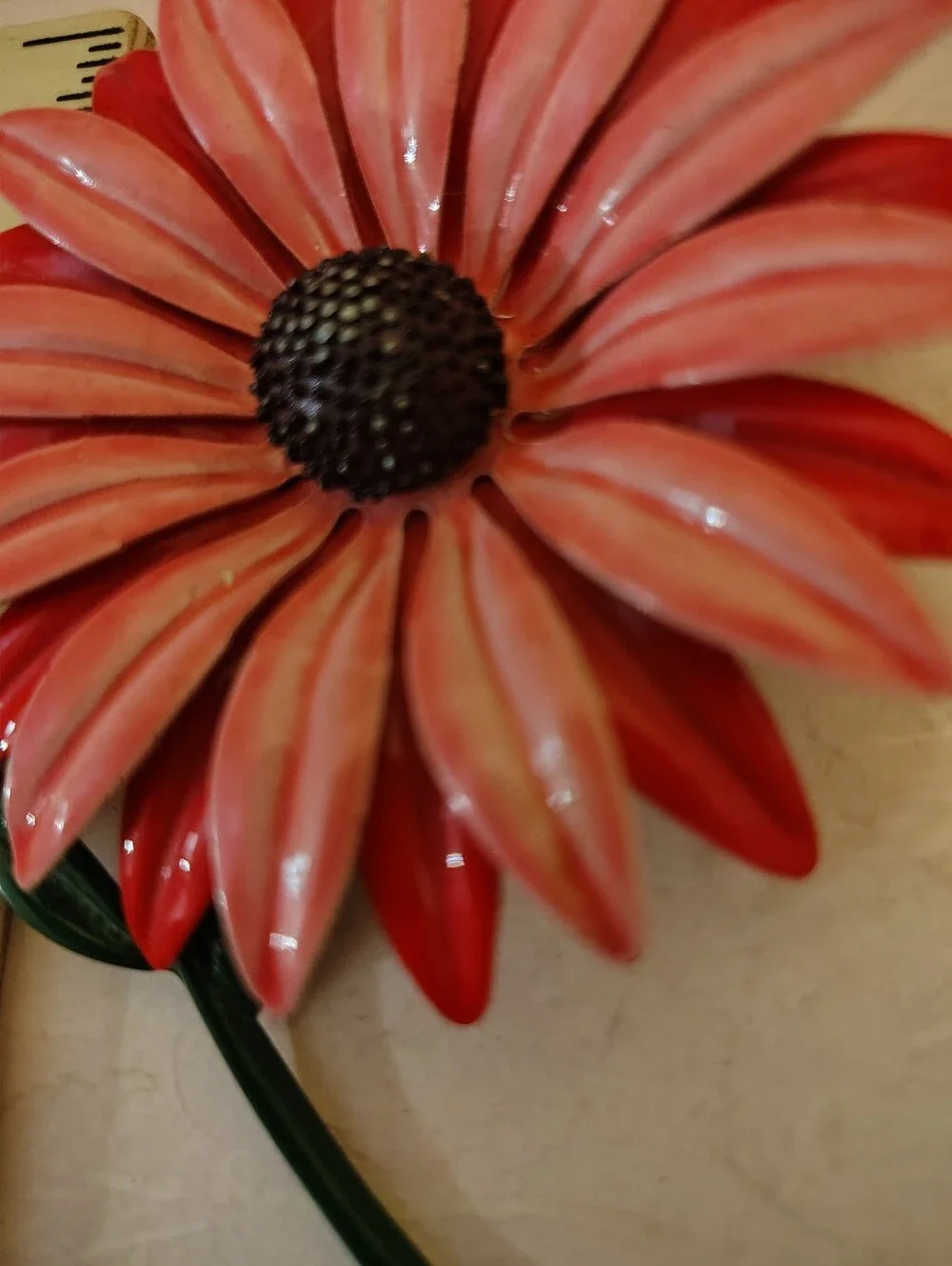 Vintage 1960s Coral Orange Enamel Daisy Flower Brooch Pin w/ Green Stem